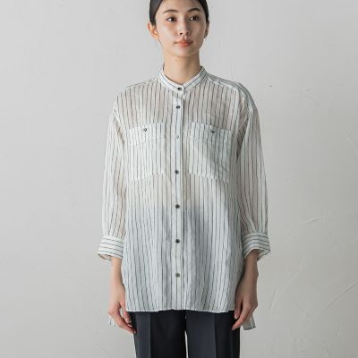【大きいサイズ】バンドカラーラミーブラウス≪手洗い可能≫