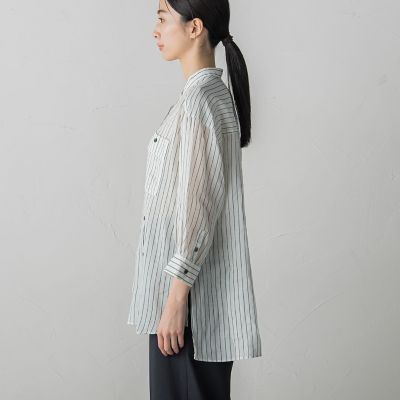 【大きいサイズ】バンドカラーラミーブラウス≪手洗い可能≫