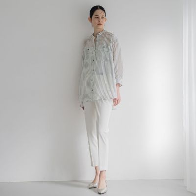 【大きいサイズ】バンドカラーラミーブラウス≪手洗い可能≫