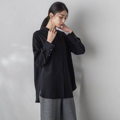 【大きいサイズ】フロント配色バンドカラーブラウス≪洗濯機で洗える≫