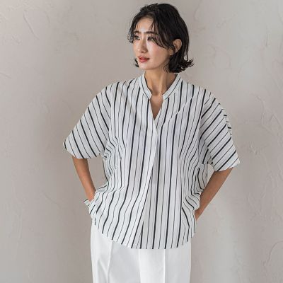 la.f...（Women/大きいサイズ）/ラ　エフ L （大きいサイズ） 【大きいサイズ】半袖ストライプブラウス≪洗濯機で洗える≫