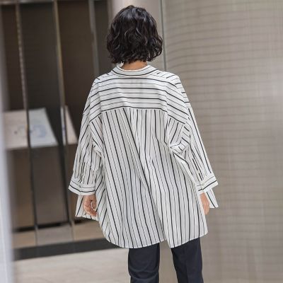 【大きいサイズ】オーバーサイズストライプシャツ≪洗濯機で洗える≫