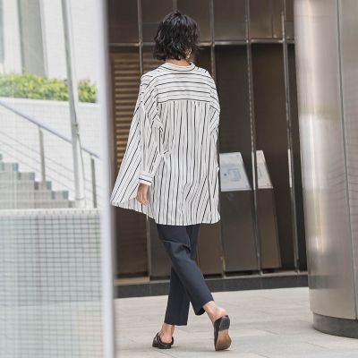 【大きいサイズ】オーバーサイズストライプシャツ≪洗濯機で洗える≫