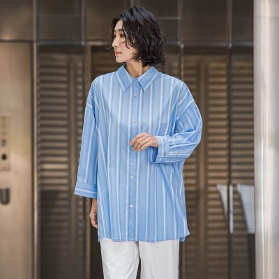 【大きいサイズ】オーバーサイズストライプシャツ≪洗濯機で洗える≫