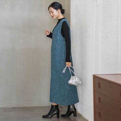 美シルエット タイト ワンピース ツイード ネイビー コットン 黒 Vネック ツィードVネックジャンスカワンピース | Droite lautreamont (Women