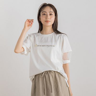 ＜Droite lautreamont (Women)＞【ＷＥＢ限定】プレーティング天竺袖シアーＴシャツ≪洗濯機で洗える≫