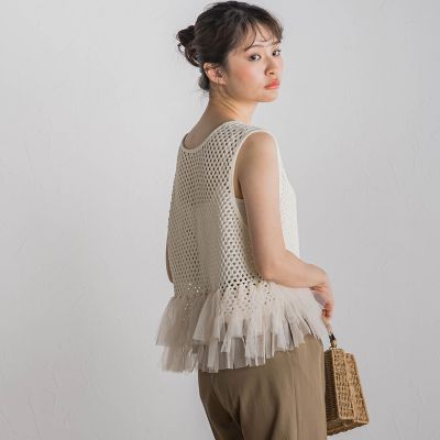 裾チュールメッシュベスト≪手洗い可能≫