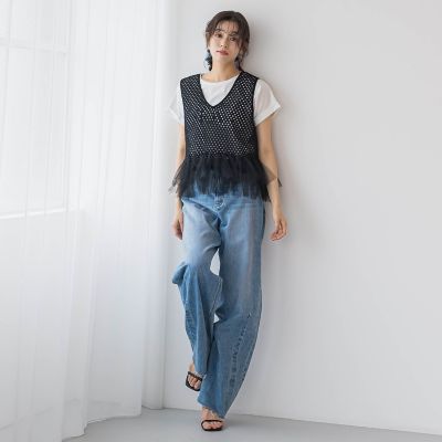 裾チュールメッシュベスト≪手洗い可能≫