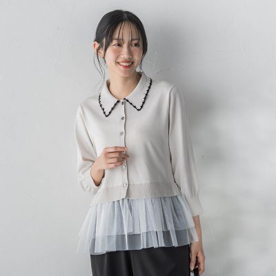 ＜Droite lautreamont (Women)＞裾チュールドッキングポロ襟ニット