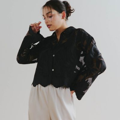 【カタログ掲載】リーフ刺繍メッシュブラウス≪洗濯機で洗える≫