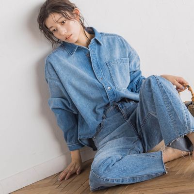 デニムクロップドシャツ≪洗濯機で洗える≫