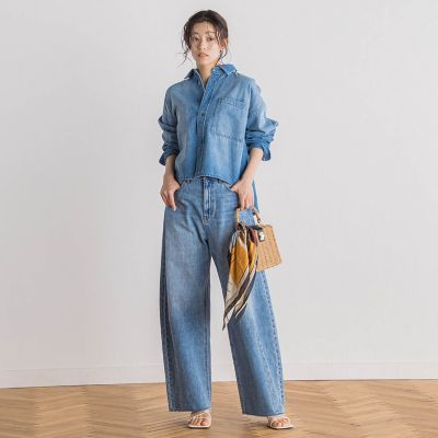 デニムクロップドシャツ≪洗濯機で洗える≫