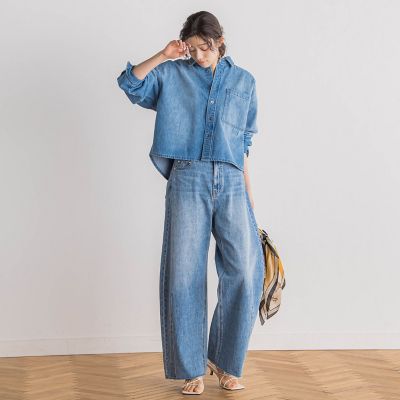 デニムクロップドシャツ≪洗濯機で洗える≫