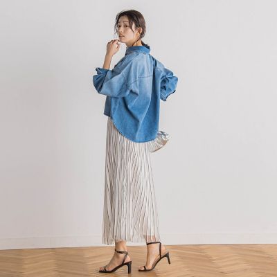 デニムクロップドシャツ≪洗濯機で洗える≫