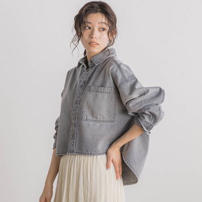 デニムクロップドシャツ≪洗濯機で洗える≫