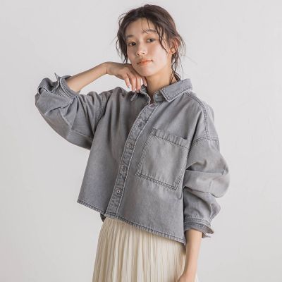 デニムクロップドシャツ≪洗濯機で洗える≫
