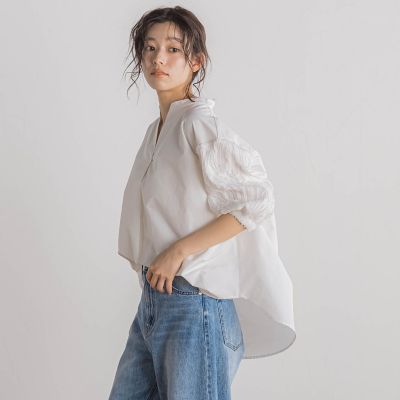 袖刺繍レーススキッパー７分袖ブラウス≪手洗い可能≫