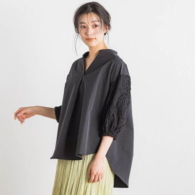 袖刺繍レーススキッパー７分袖ブラウス≪手洗い可能≫