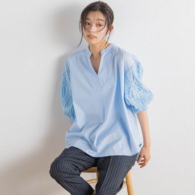 ＜Droite lautreamont (Women)＞袖刺繍レーススキッパー７分袖ブラウス≪手洗い可能≫