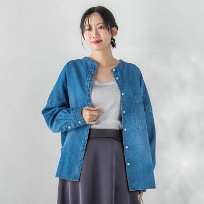 ＜Droite lautreamont (Women)＞バンドカラーデニムシャツ≪洗濯機で洗える≫