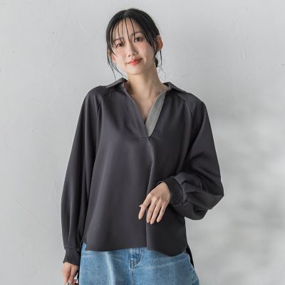 ＜Droite lautreamont (Women)＞【ＷＥＢ限定】パウダーストレッチ合わせネックブラウス≪手洗い可能≫