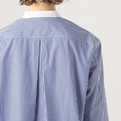 美品『CABaN キャバン』ラウンドカラー BDクレリックシャツ ストライプ コットン ランダムピンタッククレリックシャツ | CABaN/キャバン
