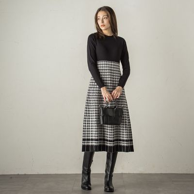 千鳥柄ジャガードニットワンピース≪手洗い可能≫