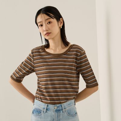 【SALE】Ketty (Women)/ケティ ランダムリブボーダーハーフスリーブカットソー&#8810;手洗い可能&#8811; 30ブラウン系その他 トップス【三越伊勢丹/公式】