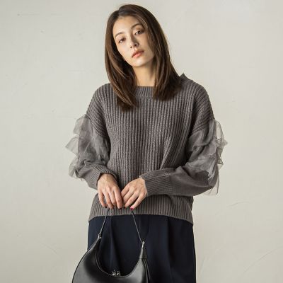チュールドッキングピーチヤーンニットプルオーバー≪手洗い可能≫