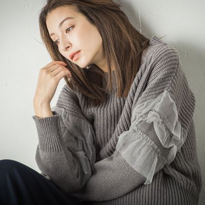 チュールドッキングピーチヤーンニットプルオーバー≪手洗い可能≫
