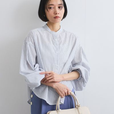 バンドカラーラメストライプシャツ≪洗濯機で洗える≫