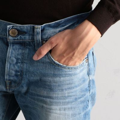 【別注】ＲＥＤ ＣＡＲＤ×ＢＬＵＥ ＷＯＲＫ コットンデニム ５ポケットスリムパンツ（ライトユーズド）