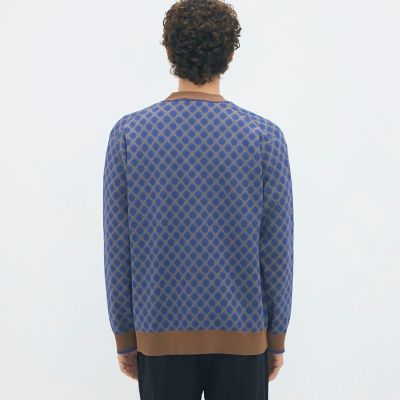 コットンポリエステル チェックジャカード Vネックカーディガン