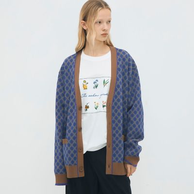 【新作】CABaNコットンポリエステル チェックジャカードカーディガン コットンポリエステル チェックジャカード Vネックカーディガン