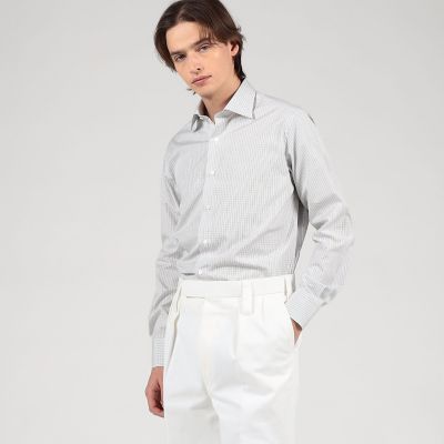 コットン ワイドスプレッドカラー チェックドレスシャツ