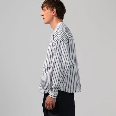 コットングログランストライプ Vネックシャツブルゾン