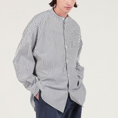 素晴らしい価格 コットンタイプライター ストライプ バンドカラーシャツ カットソー(長袖/七分)