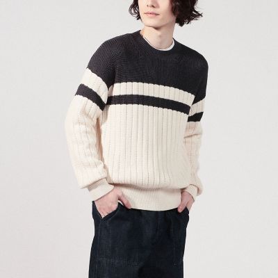7ゲージ コットンカシミヤ バイカラークルーネックニット