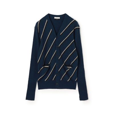 ウールカシミヤ インターシャストライプ Vネックカーディガン