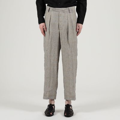 リネン　グレンチェック　１タック　ペグトップパンツ