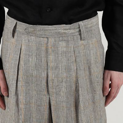 リネン　グレンチェック　１タック　ペグトップパンツ