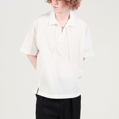 ２００／２ポプリン　レースアッププルオーバーショートスリーブシャツ