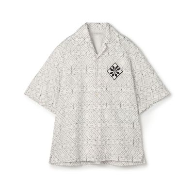 コットンローン刺繍ステッチ オープンカラーハーフスリーブシャツ