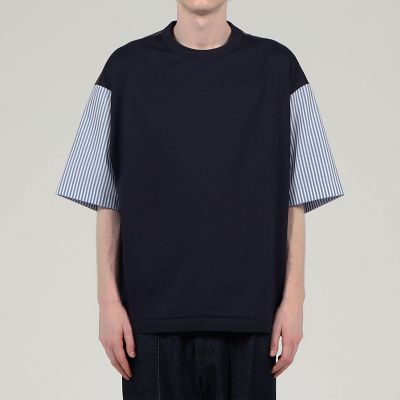 コットン天竺　シャツコンビショートスリーブクルーネックプルオーバー