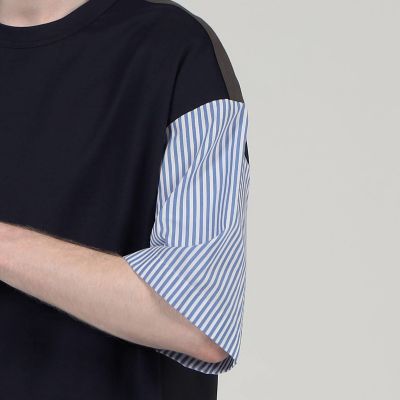 コットン天竺　シャツコンビショートスリーブクルーネックプルオーバー