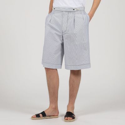 コットンナイロンストライプ　　２プリーツ　ベルトレス　ショートパンツ
