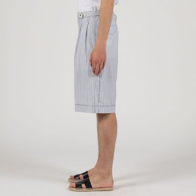コットンナイロンストライプ　　２プリーツ　ベルトレス　ショートパンツ