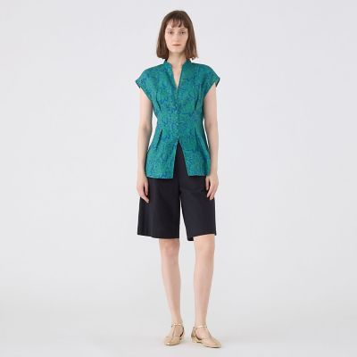 リネンプリント　キーネックタックブラウス
