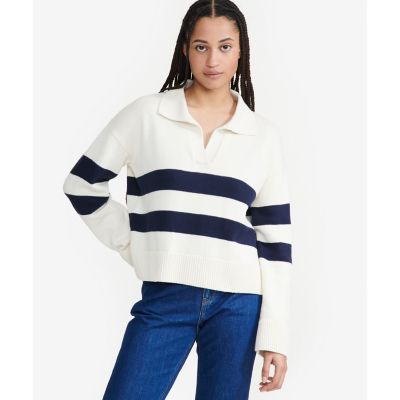 AIGLE/エーグル オーガニックコットン Vネック ボーダー セイラーカラーニット セーター サイドスリット