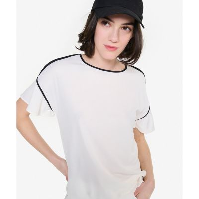 接触冷感　ワンポイントロゴ　ピスネーム　ボートネック　パフスリーブ半袖Ｔシャツ